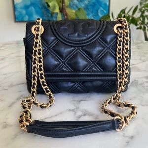 Tory Burch Fleming Soft Small Convertible Shoulder Bag Black Quilted Leather.